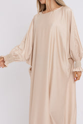 WOMENS GATHERED SLEEVES ABAYA BEIGE